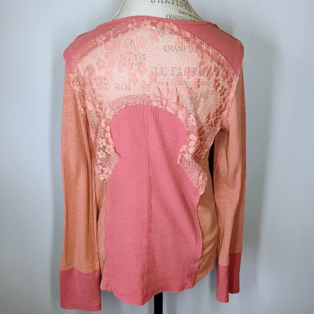 POL Waffle Knit Henley Shirt Womens Small Pink‎ Lace Mixed Media Boho Bohemian - Picture 4 of 10